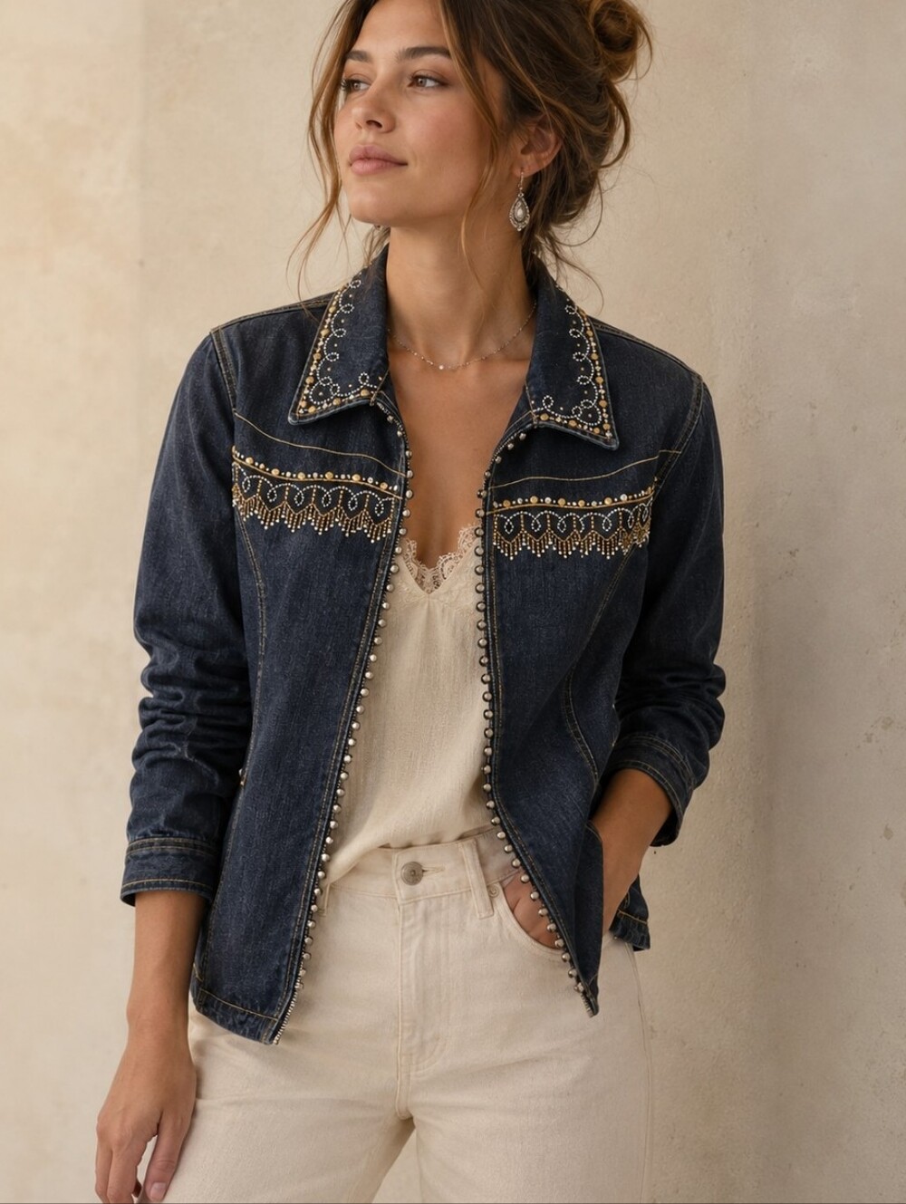 Embellished Denim Jacket Large Rhinestone Western Cowgirl